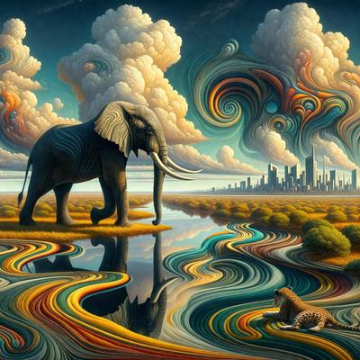 The primary subject of the image is a large elephant standing in a field. The setting is a grassy area with a body of water nearby. The visual style is a painting, which gives the scene a vibrant and artistic appearance. The colors and mood of the image are predominantly warm and inviting, with the elephant being the focal point of the scene.